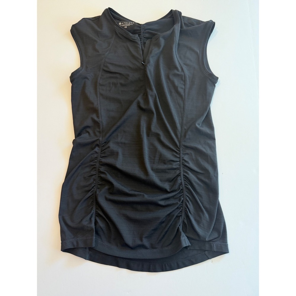Athleta Womens Black Ruched Sleeveless Cycling Running Top Zip Pocket XS